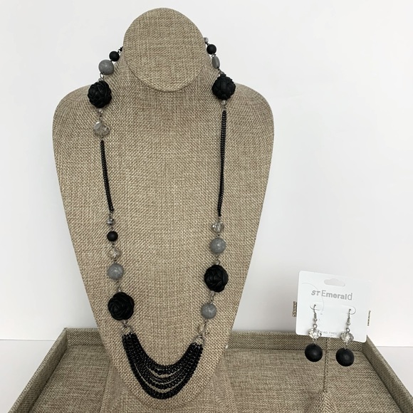 Fashion Jewelry Set Resin Stone Black Tone Chains Necklace & Earring Set NEW - Picture 1 of 5